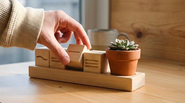 Hand rotating wooden cube calendar beside small potted succulent plant on sunny desk