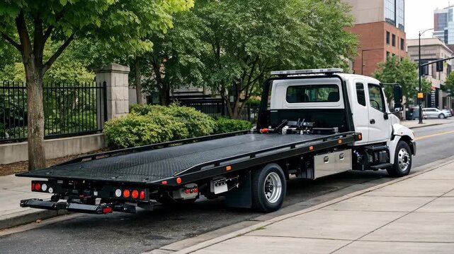 White Flatbed Tow Truck on Urban Street