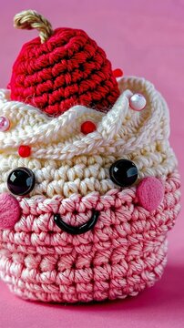 Crocheted Cupcake Character: A charming, handmade crocheted cupcake with a smiling face and a strawberry topping sits on a pink background, radiating a playful and sweet personality.