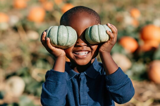 Close up laughing child holding small green pumpkins over eyes in pumpkin patch for autumn background banner and seasonal design