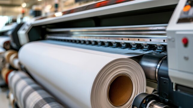 Industrial plotter processing large rolls of paper and fabric, highlighting precision rollers and mechanical tension system for automated printing.