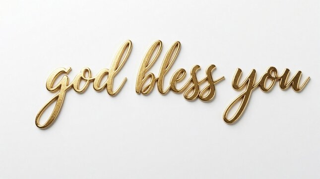 Golden script text saying God bless you on white background. Elegant lettering conveys well wishes and divine favor. Simple clean design with metallic sheen for spiritual or holiday themes.