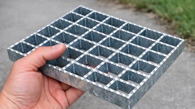 Hand holding a metal drainage grate