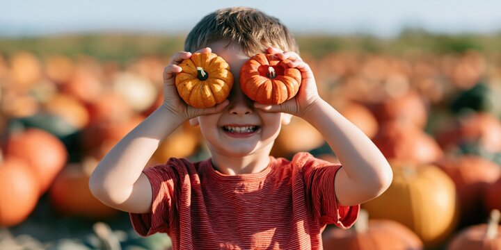 Child holding small pumpkins over eyes at a pumpkin patch for halloween autumn banner and seasonal background