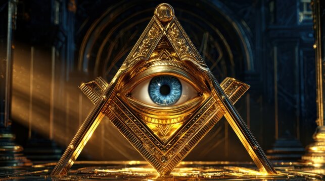 Elaborate Masonic symbol with All-Seeing Eye and golden details, symbolizes divine providence and esoteric knowledge, ideal for spiritual and conceptual themes.
