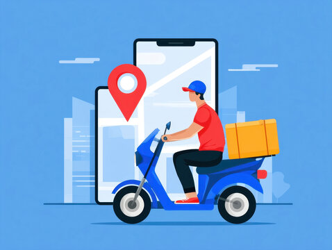 online fast delivery service concept illustration courier riding blue scooter motorcycle with box smartphone app pin location icon background city building flat design shipping banner template