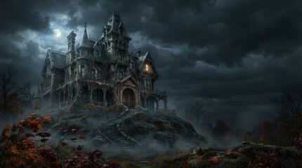 Fototapeta premium Dark haunted mansion on a hill under stormy sky for Halloween night