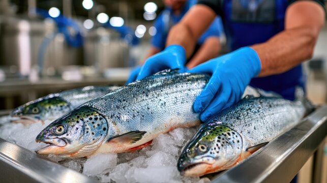 Workers in blue gloves inspect fresh salmon on ice in a seafood processing factory, highlighting quality control.