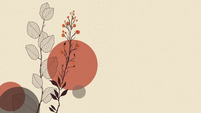 Elegant botanical motion background featuring delicate leaves, branches and abstract organic shapes. Minimal nature animation with warm earthy colors and copy space for text.