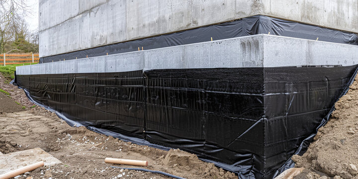New build house foundation covered with black waterproof membrane for damp proofing and moisture protection during home construction process outside on a construction site with concrete and soil. Exac