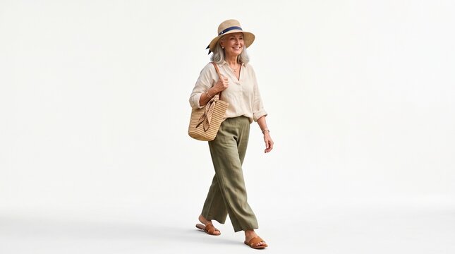A mature woman walking confidently in stylish summer linen clothing against a white background