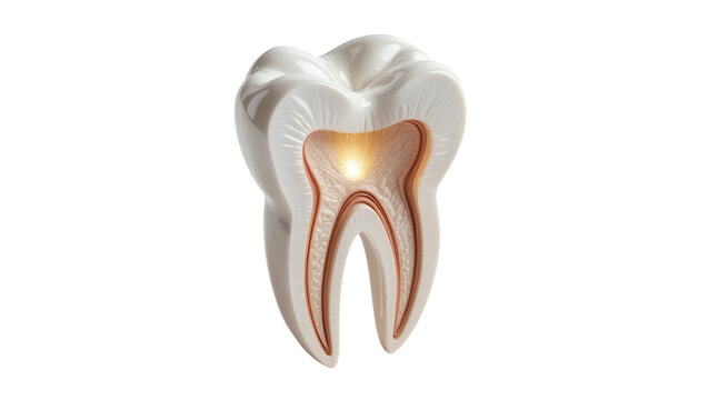 Cross-section of a human molar tooth showing enamel dentin pulp and root canal, isolated on transparent background