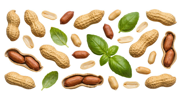 Whole and shelled peanuts with fresh green basil leaves, isolated on transparent background
