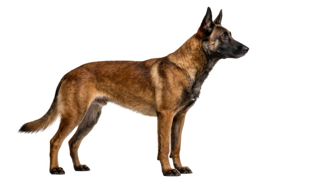Alert Belgian Malinois dog standing, isolated on transparent background