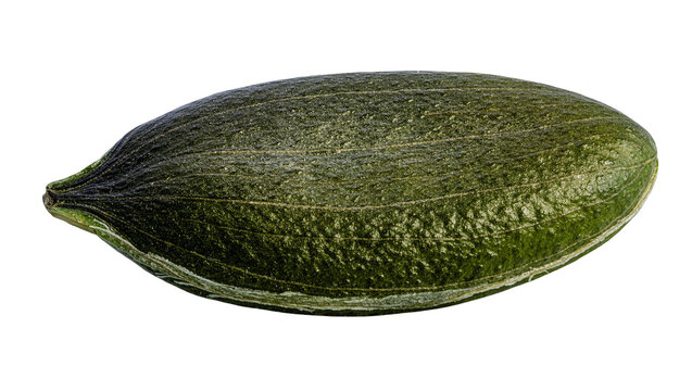 Elongated dark green zucchini with textured skin, isolated on transparent background