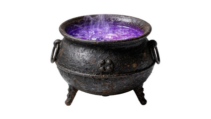 Bubbling purple potion in a rustic black cauldron, isolated on transparent background © Mira