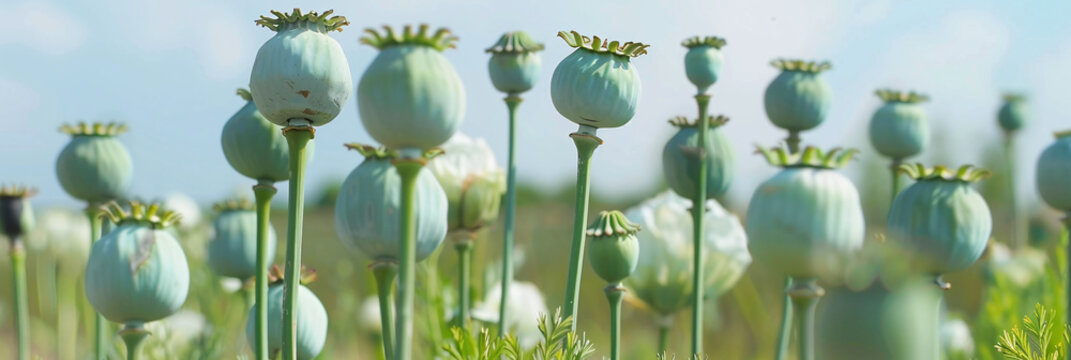 Unripe opium poppy seed pods Papaver somniferum in a cultivated field agricultural crop production botanical landscape nature outdoor close up horizontal background perspective sky blue sun day summer