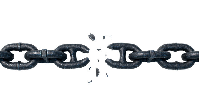 Heavy metal chain links breaking apart, isolated on transparent background