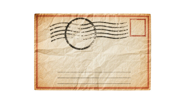 Vintage postcard with red border postal stamp and writing lines, isolated on transparent background