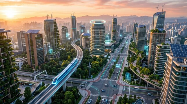 Futuristic Smart City Aerial View with High Speed Monorail Solar Panels and Green Skyscrapers Sunset   