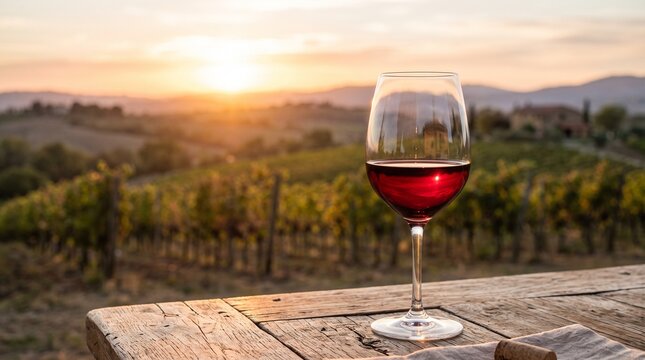 A single glass of red wine resting on a rustic wooden table overlooking a scenic vineyard at sunset