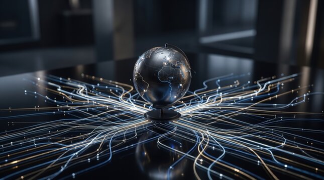 Digital Globe Model Standing on Dark Table connected with Glowing Data Network Lines Concept   