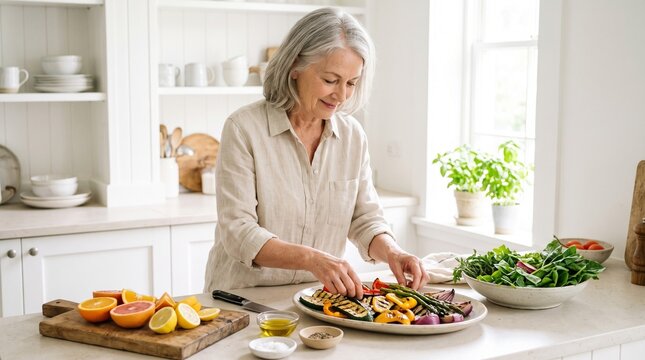 A mature woman with grey hair arranging grilled vegetables on a platter in a bright kitchen