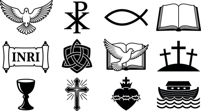 Christian Symbol Black Silhouette Icon Set with Cross, Holy Bible, Ichthys Fish, Dove, Noah Ark, and Sacred Heart for Religious Graphic Print Designs