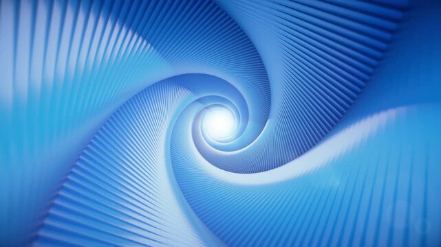 Blue spiral tunnel rotating and flying forward into bright light, 3D animation