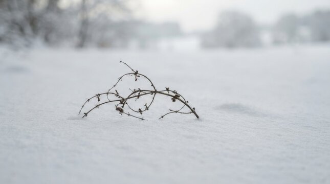 Bare branches covered in snow during a cold winter day in a snowy landscape