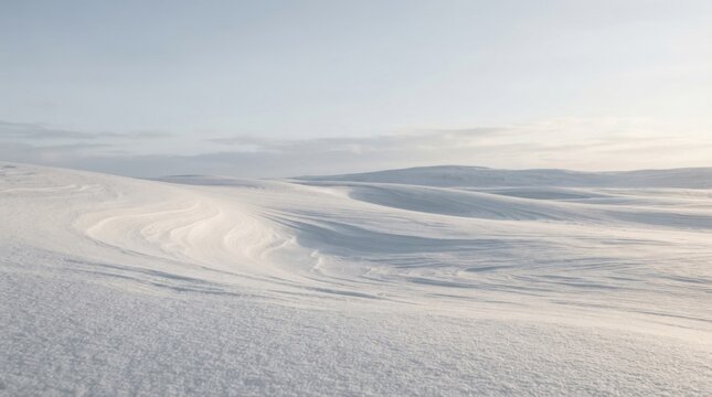 Winter landscape with rolling snow covered hills and a pale blue sky