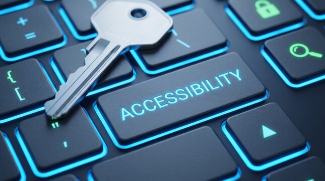 Digital accessibility concept with a metal key resting on a glowing computer keyboard