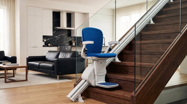 Modern stairlift installed on wooden staircase in contemporary luxury home interior