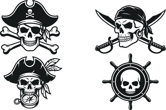Vintage Pirate Skull Vector Set Featuring Jolly Roger Crossbones Cutlass Swords Compass and Ship Steering Wheel Emblems for Retro T Shirt and Tattoo Designs