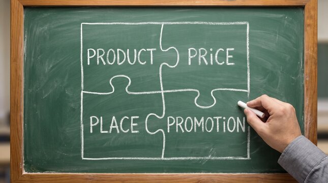 Marketing strategy concept showing the four Ps of marketing on a classroom chalkboard