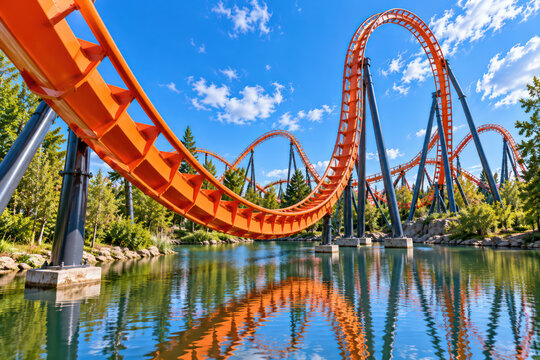 Empty orange roller coaster track twisting over scenic lake in amusement park
