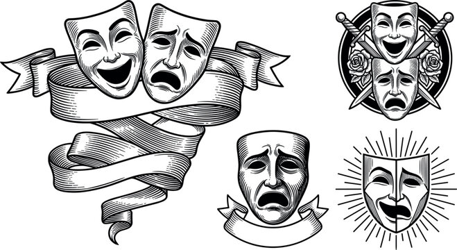 Vintage Theater Comedy and Tragedy Mask Vector Set Featuring Hand Drawn Melpomene Thalia Drama Faces with Ribbons Daggers and Dappled Sunburst Layouts for Tattoo Designs