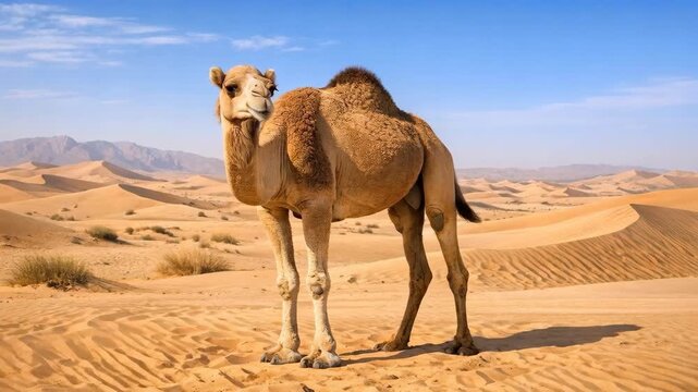 Bactrian camel standing on desert dunes under a blue sky