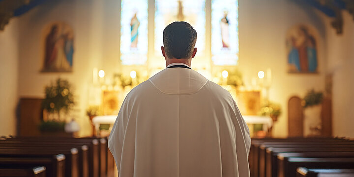 A priest conducts a sunday sermon, providing religious instruction inside a traditional church with stained glass windows, wooden pews, and candles, viewed from behind during a solemn ceremony service