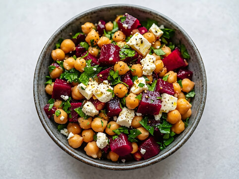 Healthy salad with chickpeas beetroot and feta cheese in a bowl