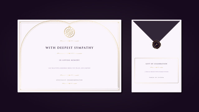 Solemn gothic cathedral rose window sympathy card design with sacred geometry tracery, memorial stationery card.