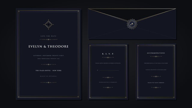 Gatsby noir art deco wedding stationery flatlay suite with gold chevron invitation card, 1920s banquet layout.