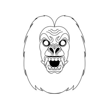 Black and white line art illustration of a snarling gorilla face.