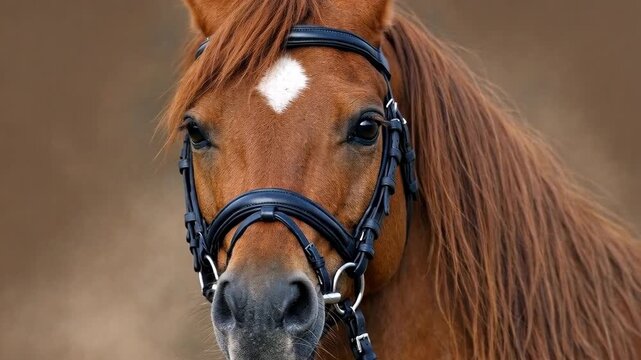Close-up Portrait of a Chestnut Horse with White Marking and Black Bridle