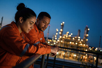 Obraz premium Man and woman refinery workers leaning on railing at dusk