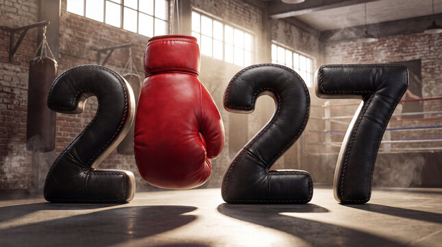 Bold numbers two thousand twenty seven formed by black punchbags and a red boxing glove standing inside a dark industrial gym. Strong athletic motivation, active sports club, New Year.