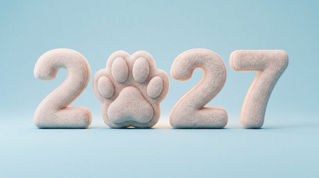 Cute animal paw print molded between white numbers two thousand twenty seven on a soft studio background. Professional pet grooming salon service, New Year.