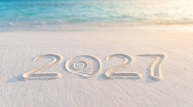 White numbers two thousand twenty seven sculpted in fine sand on a sunny tropical beach. Travel agency vacation concept, exotic tropical tour, happy New Year.