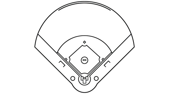 Baseball field top down view line art drawing showing diamond bases and clean white background