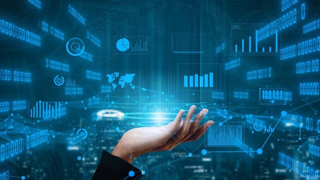 A hand emerges in a digital landscape, symbolizing the convergence of technology and business analytics, showcasing futuristic graphs and data visualizations. Xenic